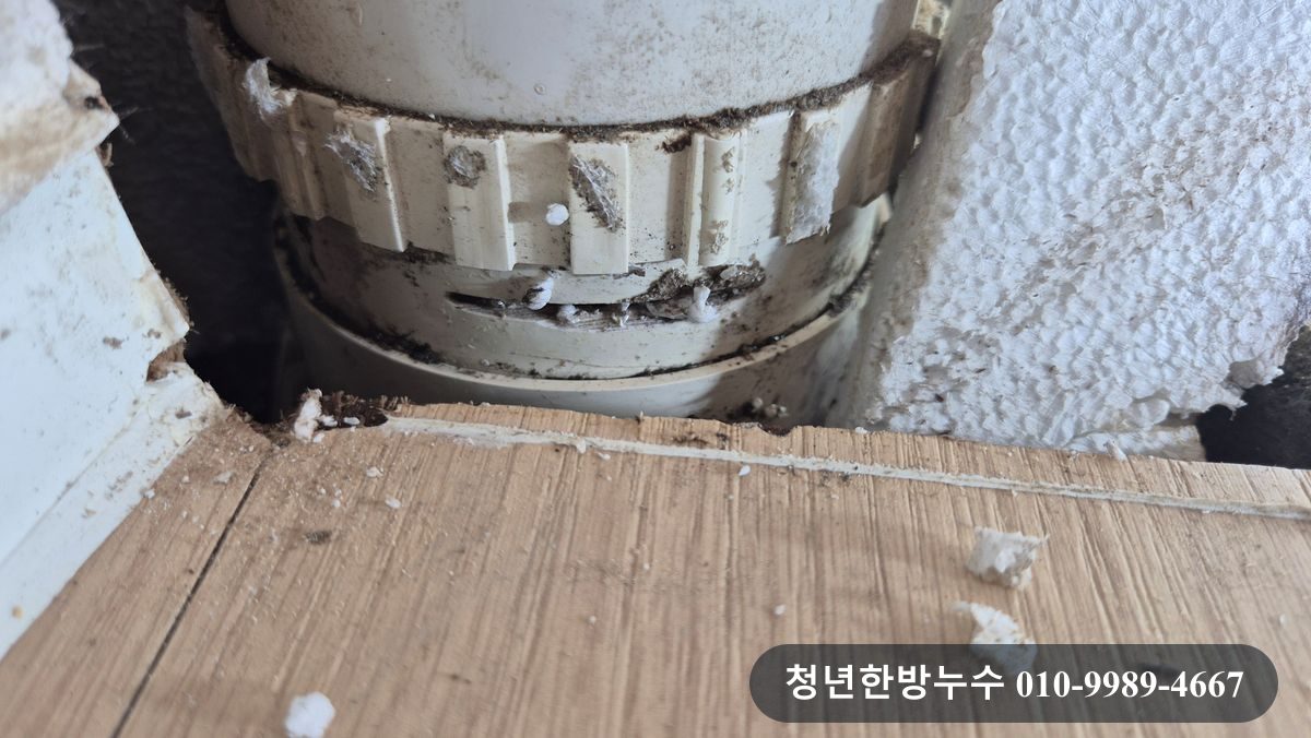 바닥과 만나는 우수관 하부를 가까이 살펴본 모습입니다.